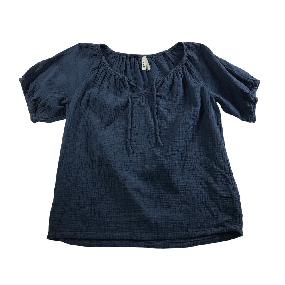 Pact Organic Cotton Double Gauze Short Sleeve Tie Neck Blouse Blue Medium